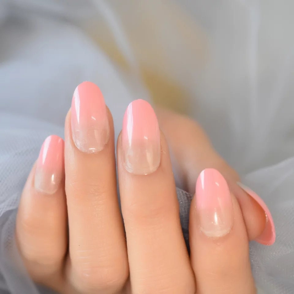 24 Rose Red Ombre Long Press On Nails nude Medium Almond French tip glue on natural nude