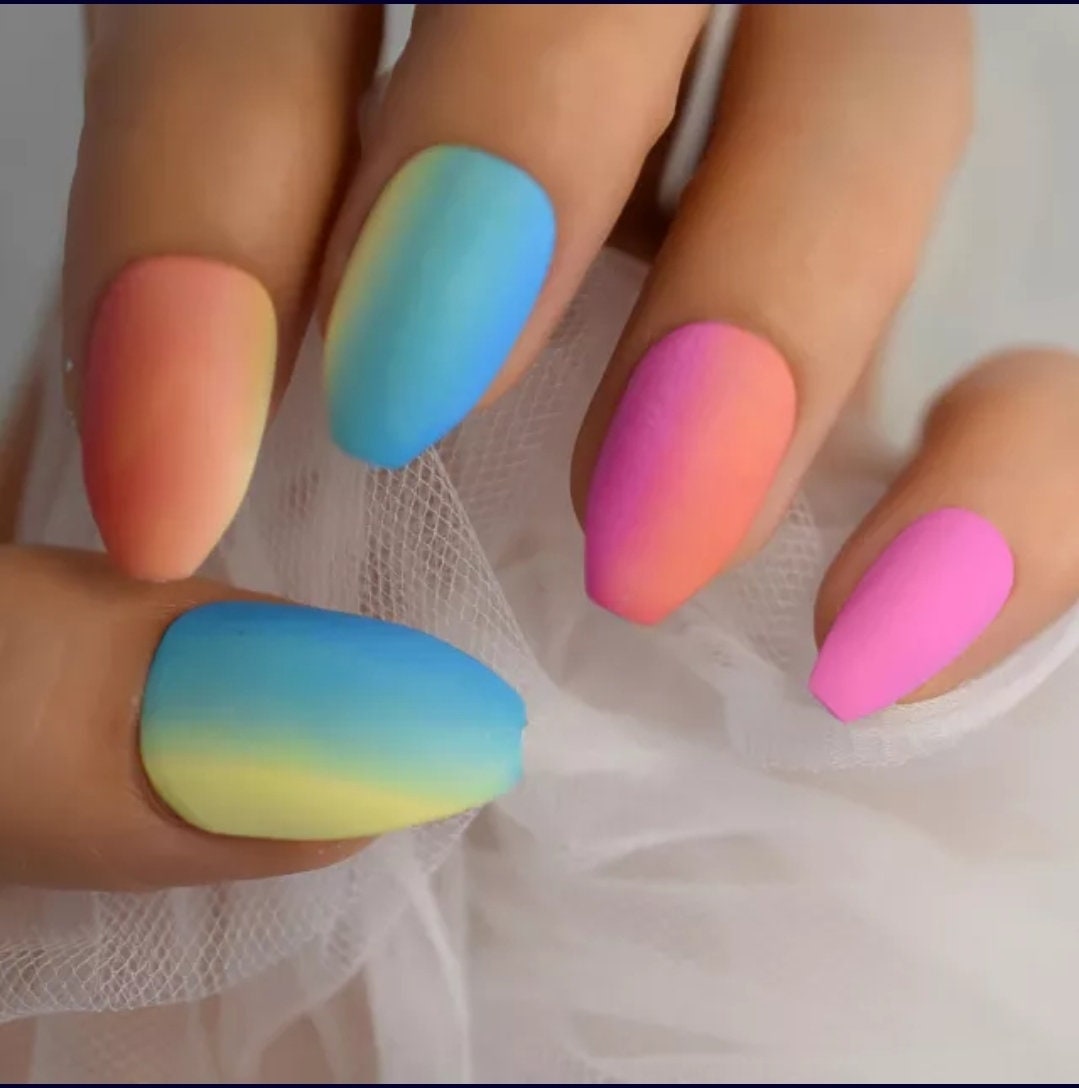24 Candy Rainbow Matte Ombre Press on nails glue on kit kawaii cute Multicolor hot pink blue orange yellow medium coffin bright neon