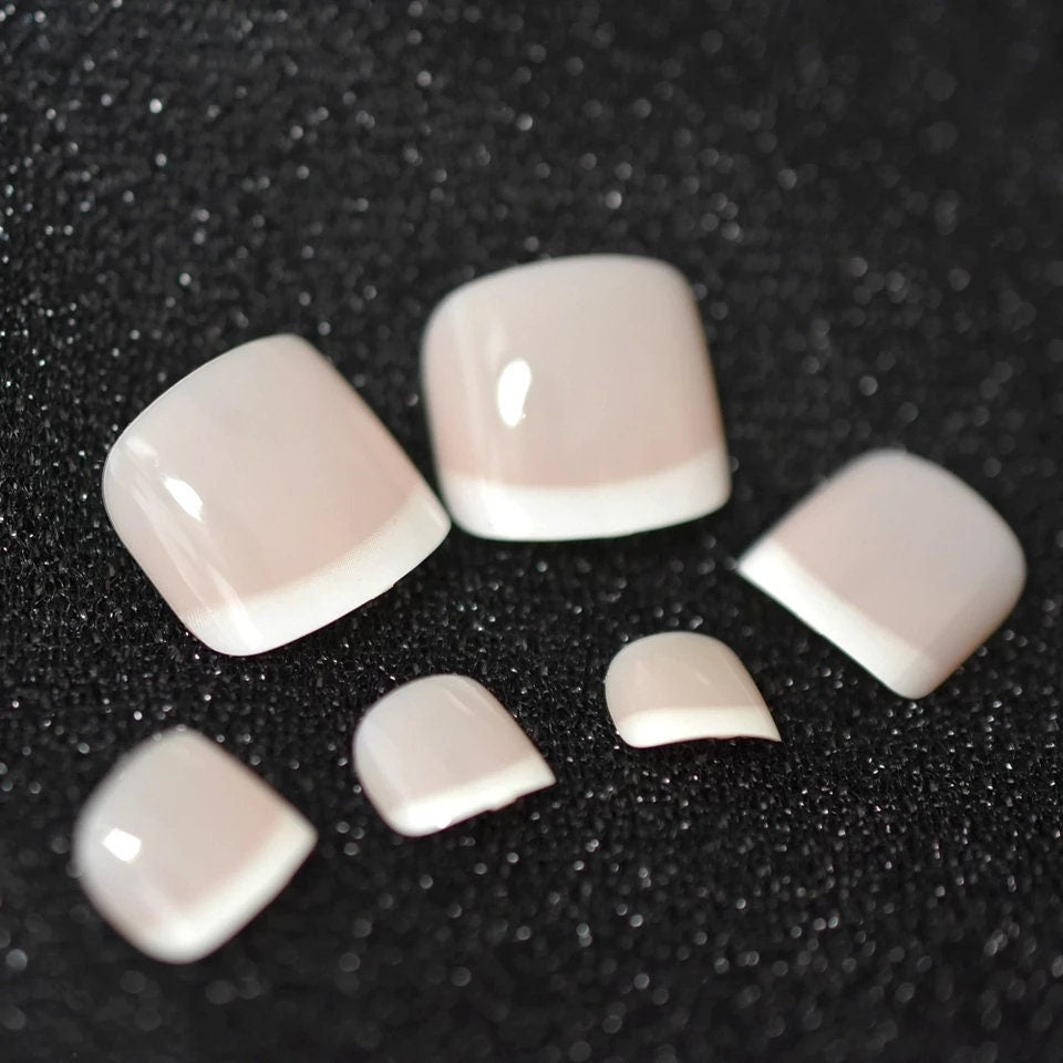 24 French Mani short Press On Nails Toe Nails Kit 24 Glue On white tip nude toes natural 