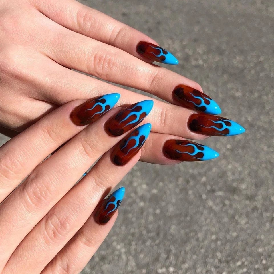 Blue Flame Maroon Press on nails glue on pointed stiletto ombre long trendy