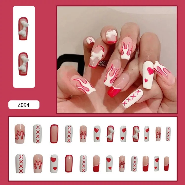 24 Valentines Press On Nails Heart Bow Pink White Flame Long Coffin square glue on cute kawaii red rim