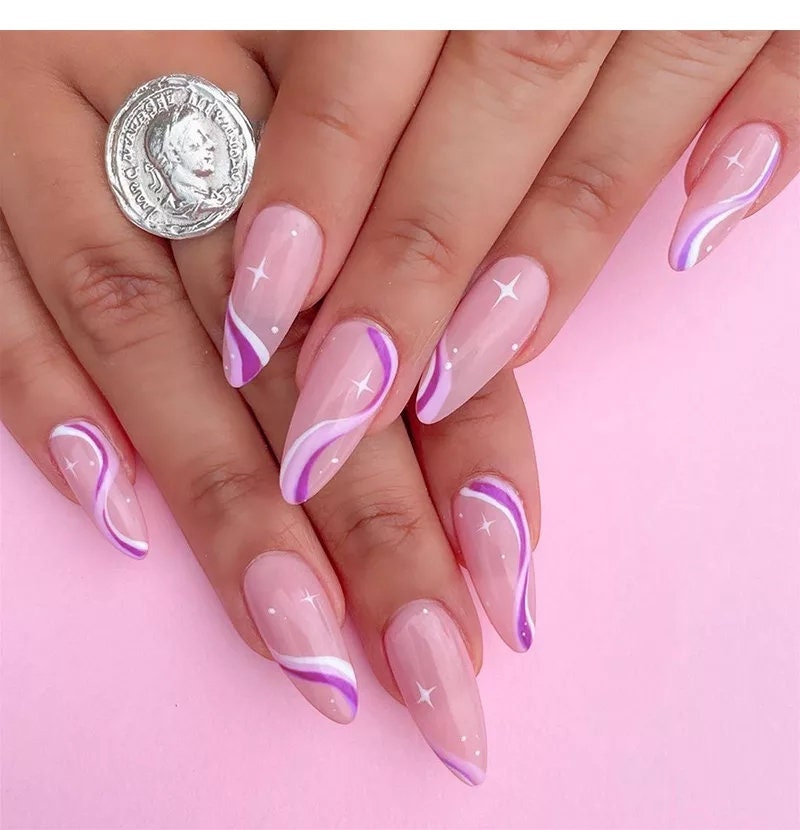 24 Pink Purple Swirl Almond Press on nails iridescent glue on medium almond shimmer sparkle magic 70s retro groovy pretty cute kawaii