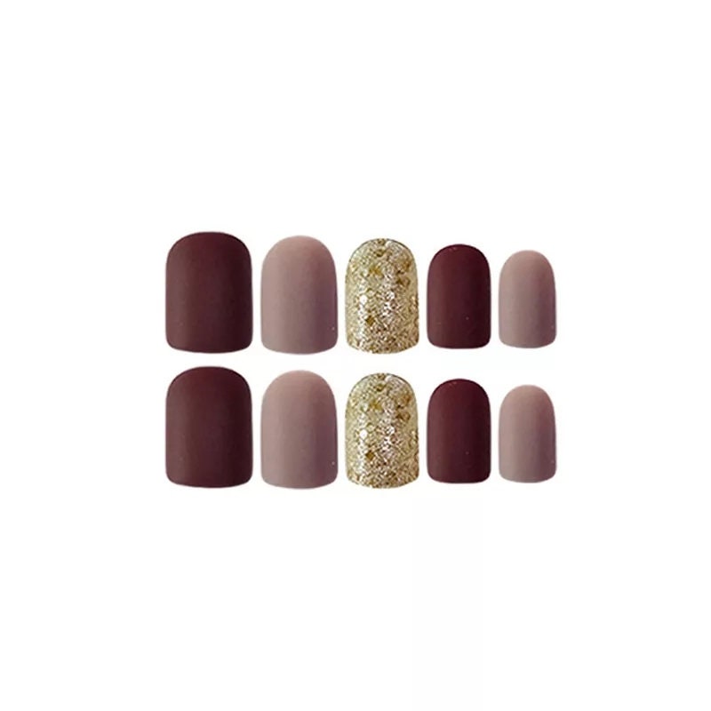 24 Short press on nails maroon mauve gold glitter manicure pink mulberry nude multi color