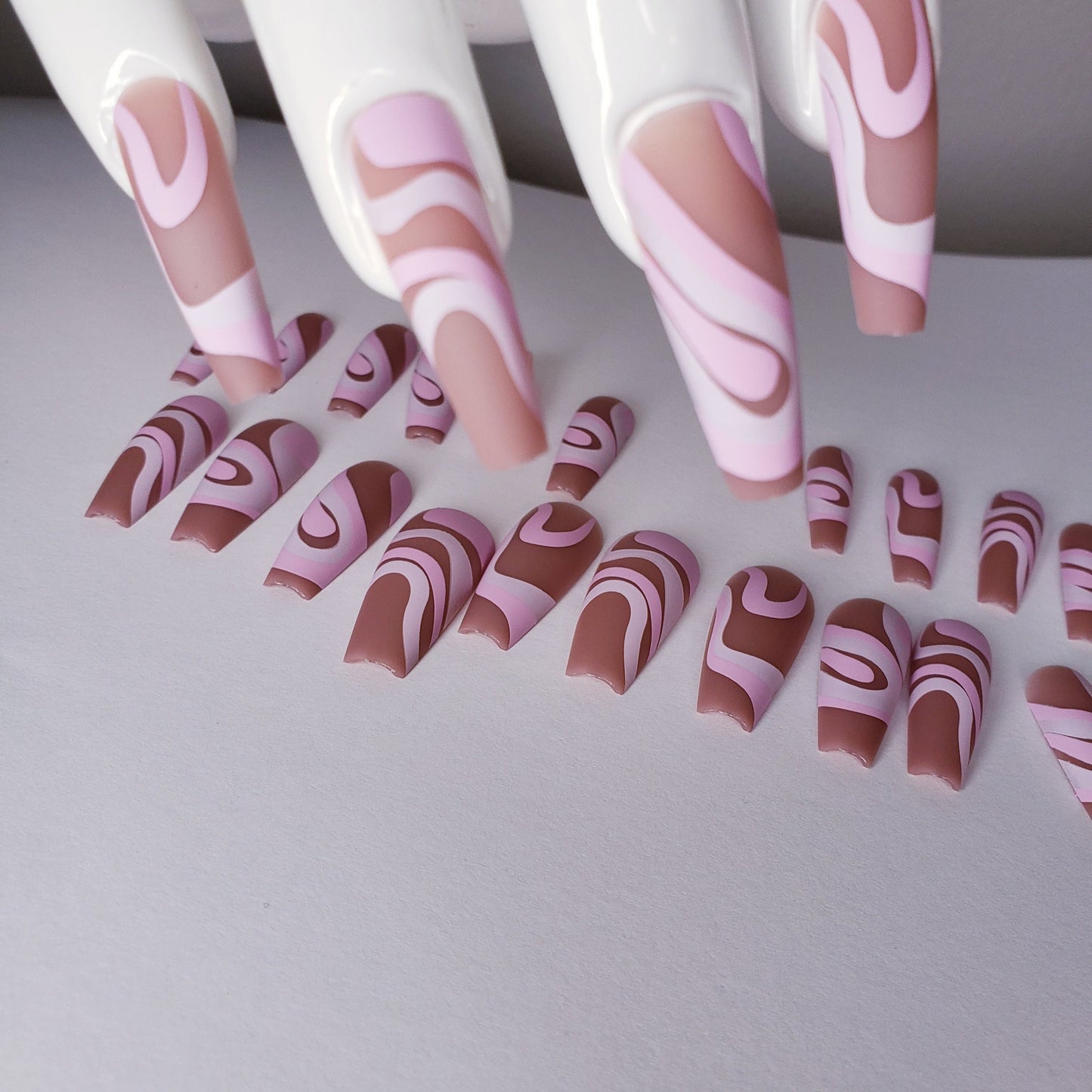 24 Nude Pink Swirl design Press on nails glue on Coffin Long extra manicure white beige tan