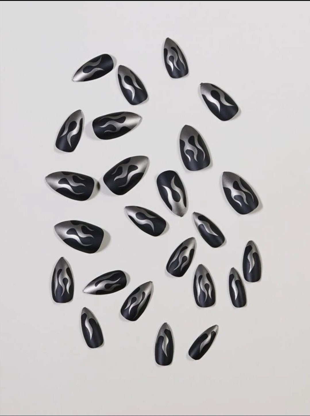 Pointed Black Silver Flame Press on nails glue on medium stiletto trendy almond metallic