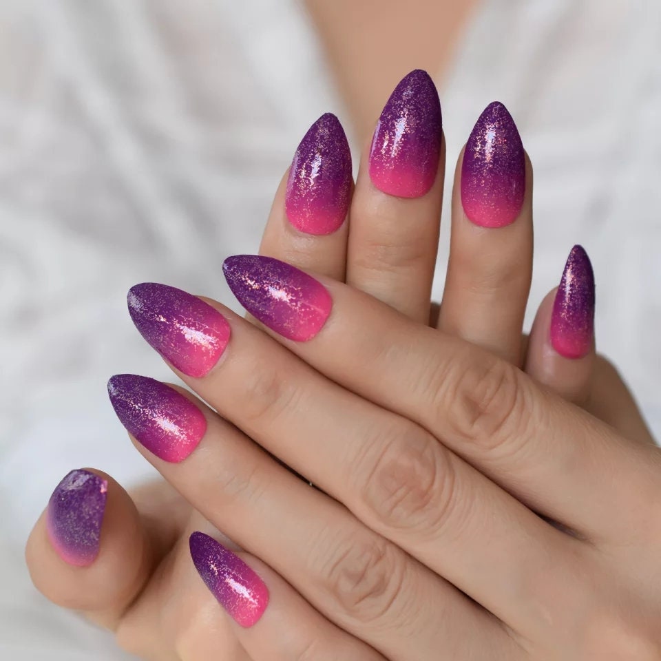 24 Purple Pink Fuschia Ombre Almond Press on nails glue on kit kawaii cute Multicolor hot pink medium almond pointed stiletto bright neon
