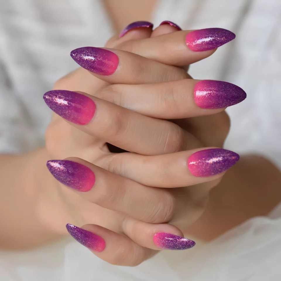 24 Purple Pink Fuschia Ombre Almond Press on nails glue on kit kawaii cute Multicolor hot pink medium almond pointed stiletto bright neon