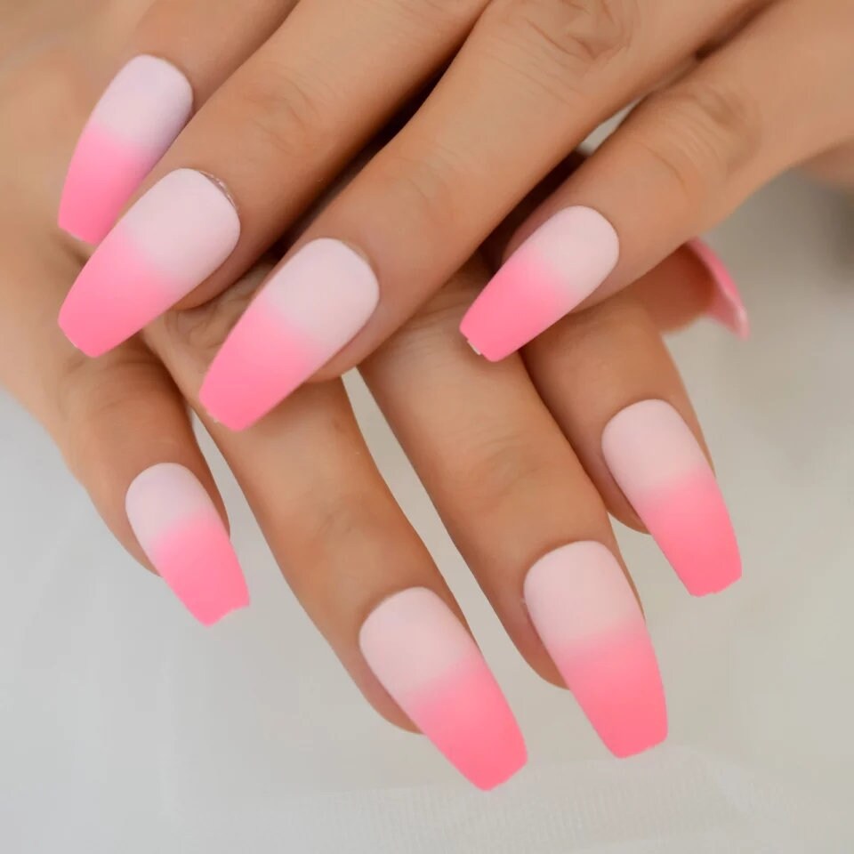 24 Matte Peach Pink Ombre Long Coffin Press On nails Glue on Kawaii cute spring