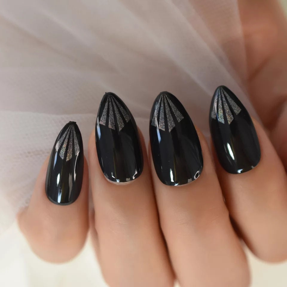 24 Pointed Black Silver design Almond Press on nails glue on medium almond glossy stiletto trendy metallic