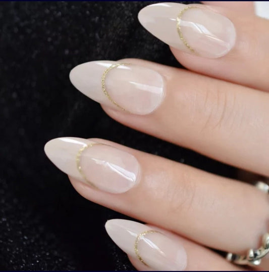 24 Nude Long Press On Nails light gold ring line tip Glue on medium stiletto almond pointed