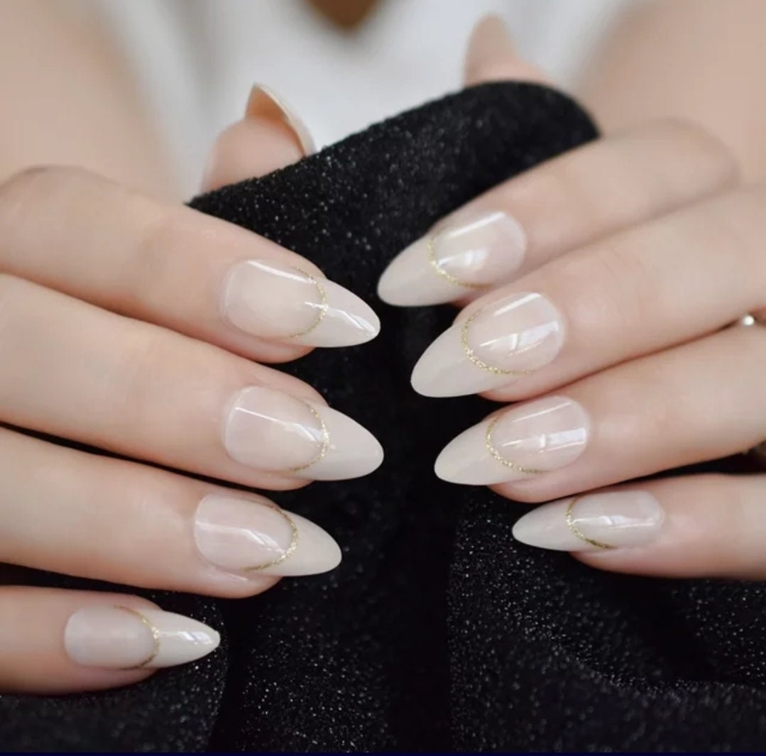 24 Nude Long Press On Nails light gold ring line tip Glue on medium stiletto almond pointed
