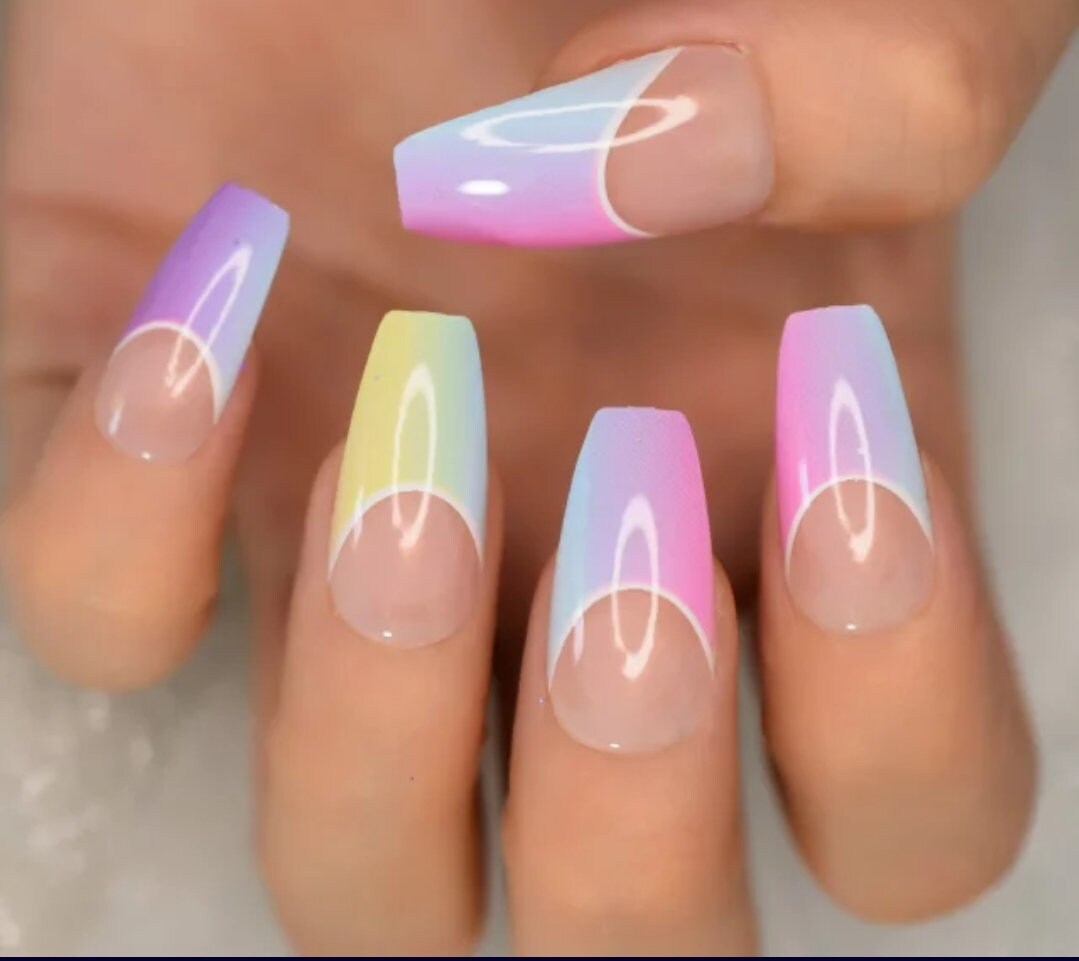 24 Rainbow Ombre French tip Long Press on nails glue on kit kawaii cute Multicolor hot pink blue orange yellow coffin bright neon candy