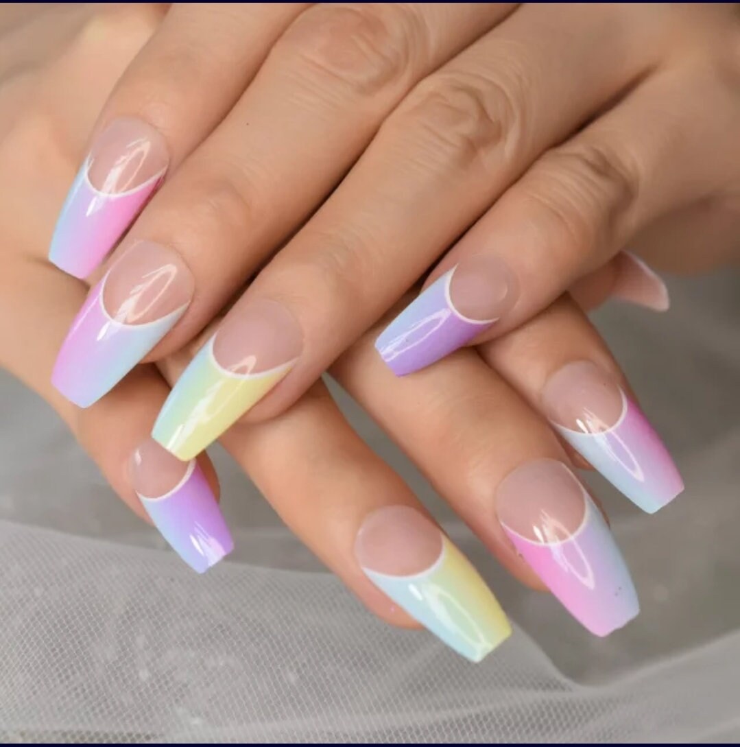 24 Rainbow Ombre French tip Long Press on nails glue on kit kawaii cute Multicolor hot pink blue orange yellow coffin bright neon candy