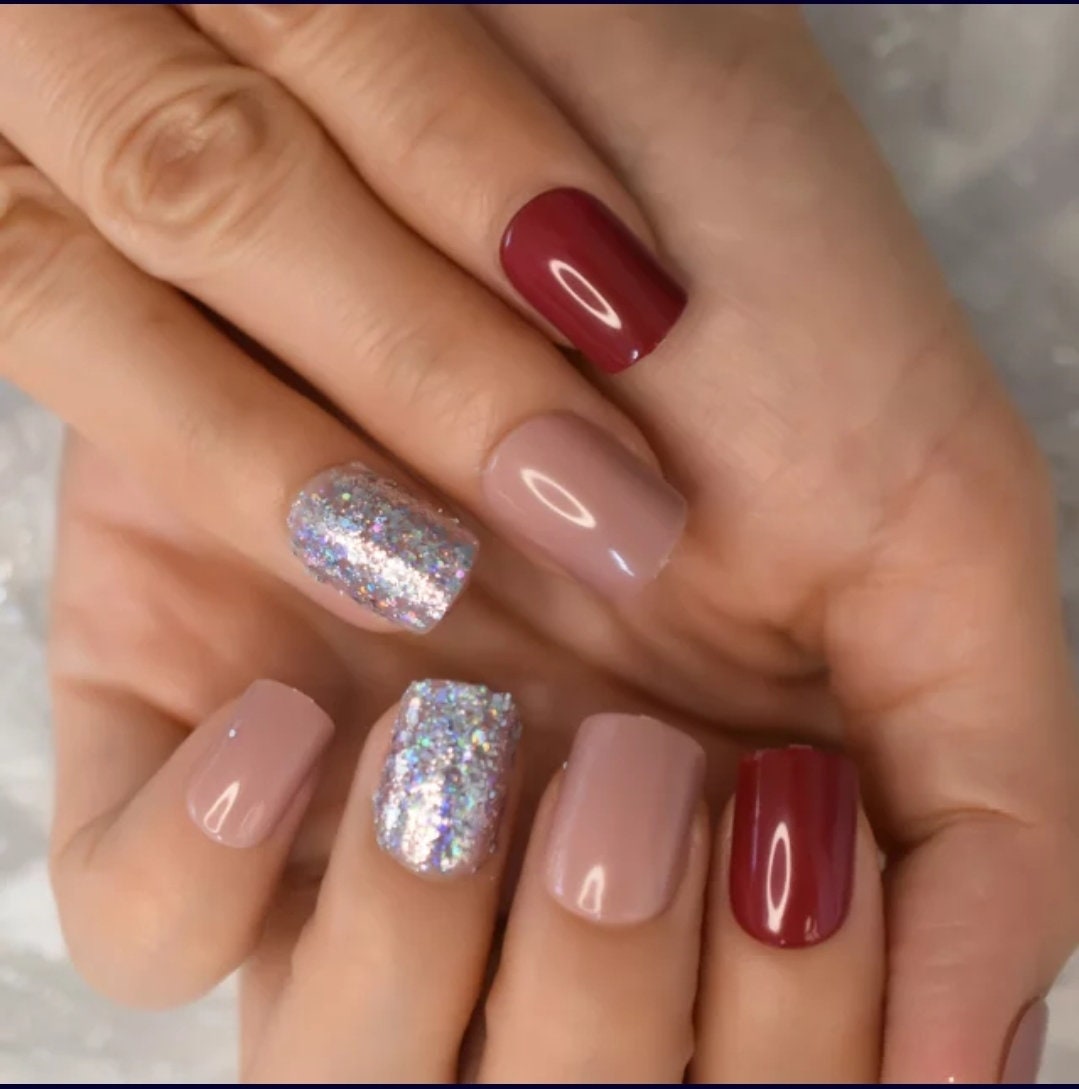 24 Short Maroon mauve Holographic glitter Press on nails glue on pink unique multicolor red