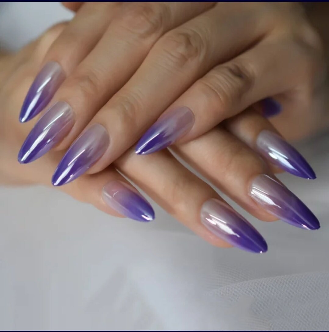 24 High Shine Ombre Purple Nude Chrome Chameleon Long Press On Nails 