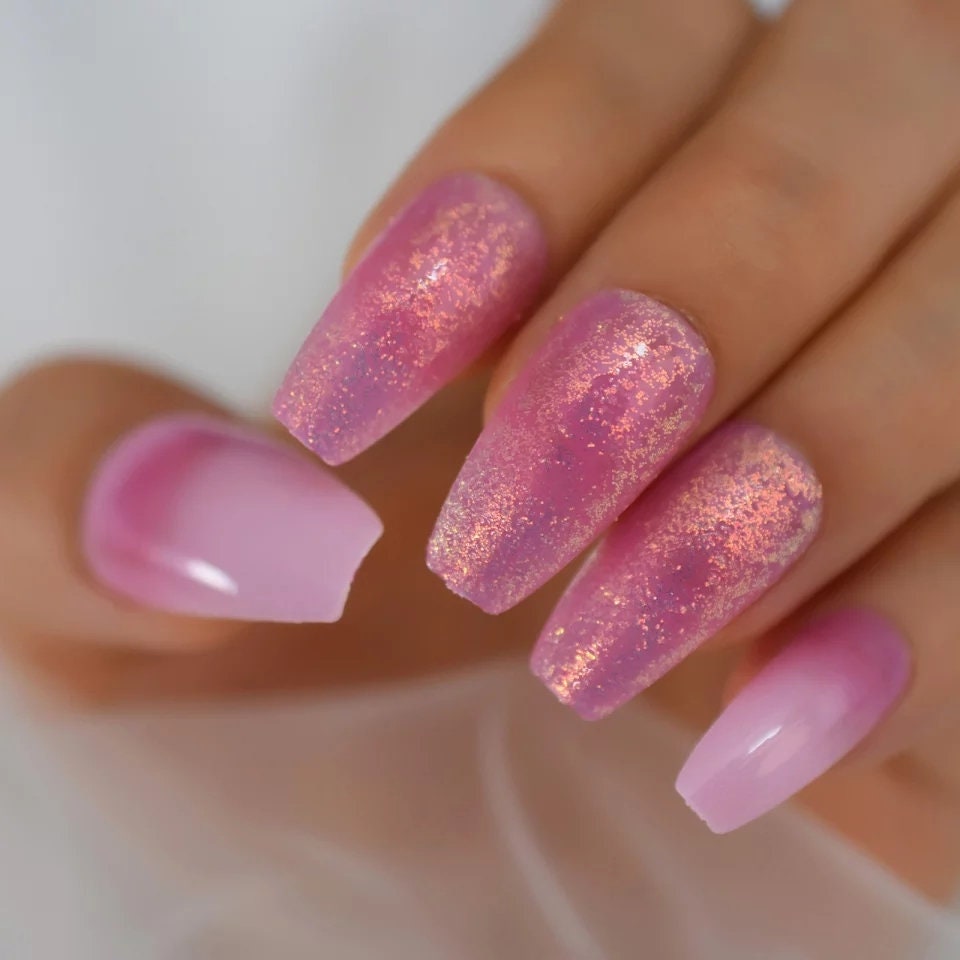 24 Pink holographic jelly Long Press On Nails coffin light Glue on glitter shiny metallic