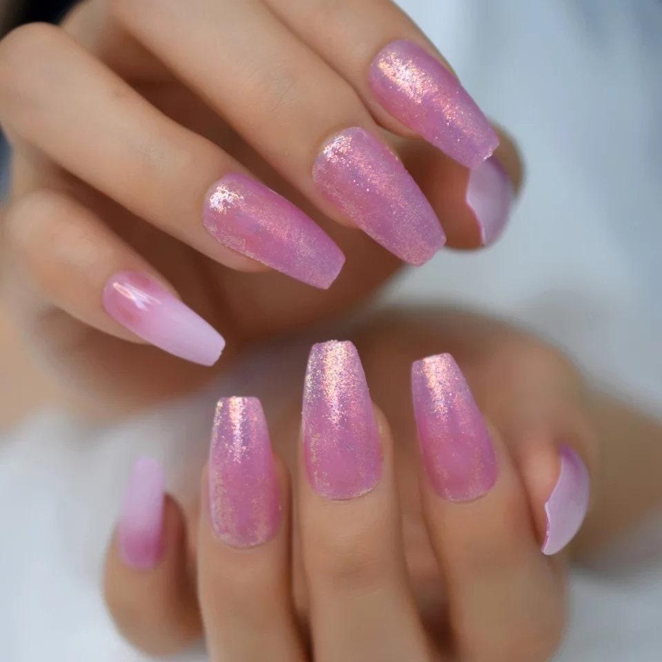 24 Pink holographic jelly Press On Nails long coffin light Glue on glitter shiny metallic