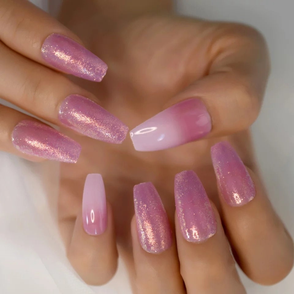 24 Pink holographic jelly Press On Nails long coffin light Glue on glitter shiny metallic