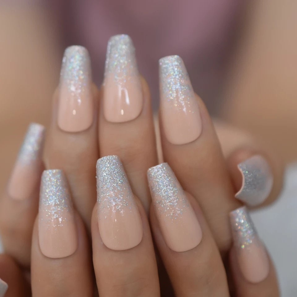 24 Peach Creme Ombre French Glitter Press On Nails kit glue on long coffin holographic silver cream nude