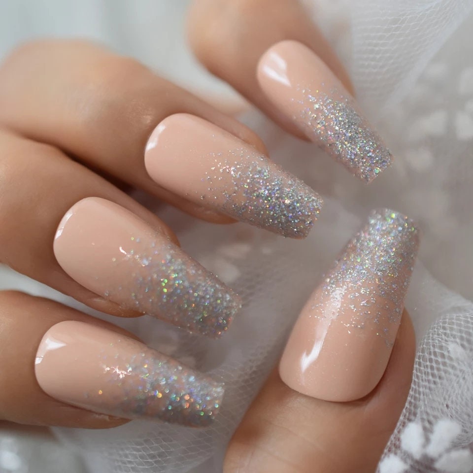 24 Peach Creme Ombre French Glitter Long  Press On Nails kit glue on long coffin holographic silver cream nude