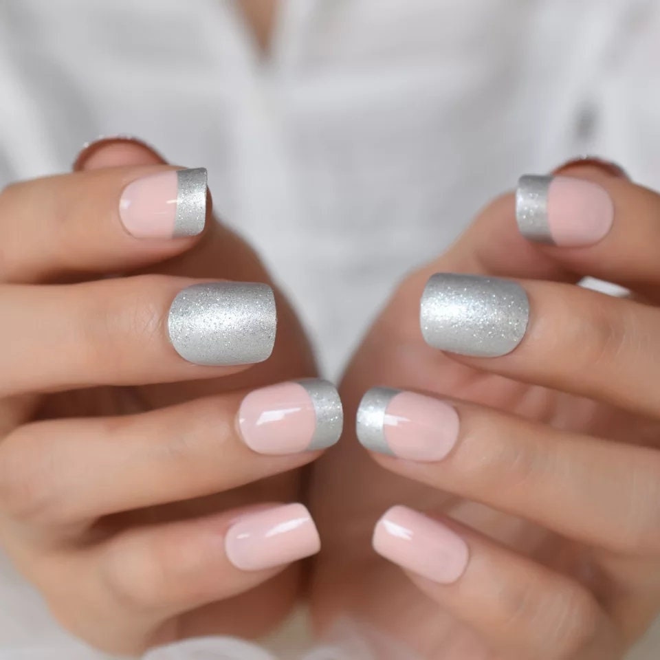 24 Unique Pink gray silver glitter Short Press on nails glue on light pastel easter spring French