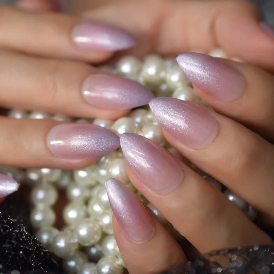 24 Pale Pink Nude Iridescent Press On Nails clear jelly holographic light Glue on shiny metallic medium stiletto almond pointed