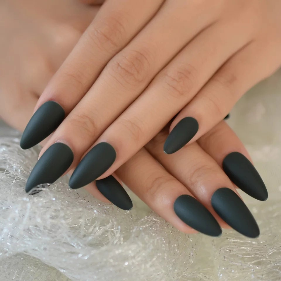 24 Dark Matte Green Press on nails Stiletto witchy goth alt glue on Dark