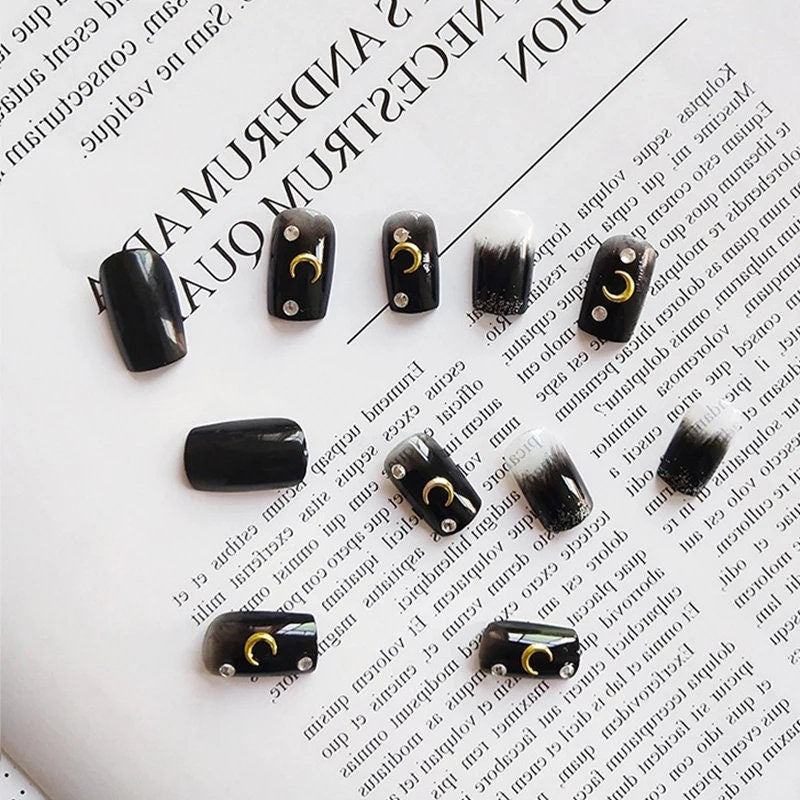 24 Goth Black Press on nails kit Square crescent moon Glue on Medium witchy emo alt edgy