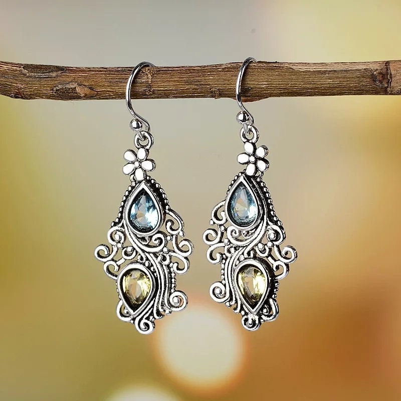 Bohemian ornate Earrings Detailed Elegant Dangle Drop gem blue green Jewelry