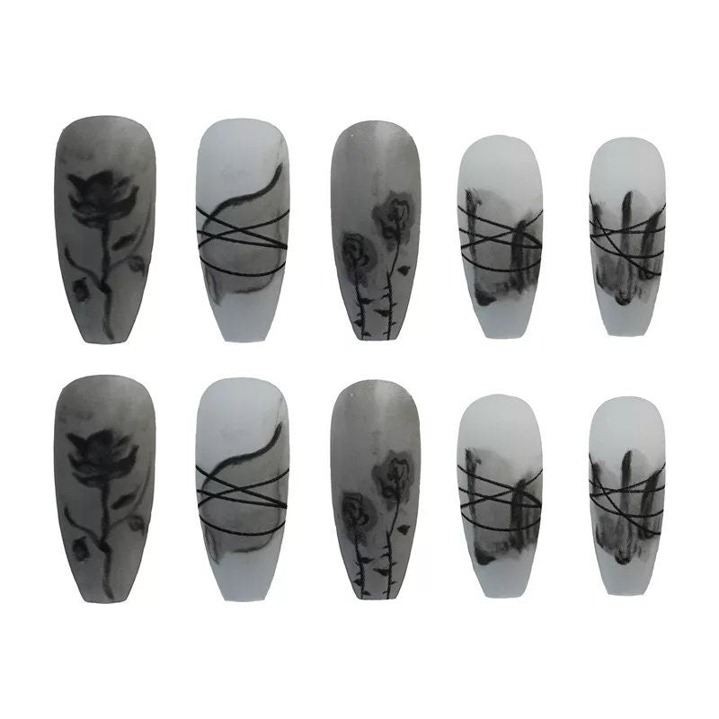 24 Gothic Frosted glass Matte Black Rose Long Press On Nails kit Frosted glue on edgy 