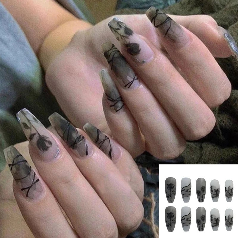 24 Gothic Frosted glass Matte Black Rose Press on nails kit Frosted glue on edgy goth long clear glass detail vine leaf lace round oval