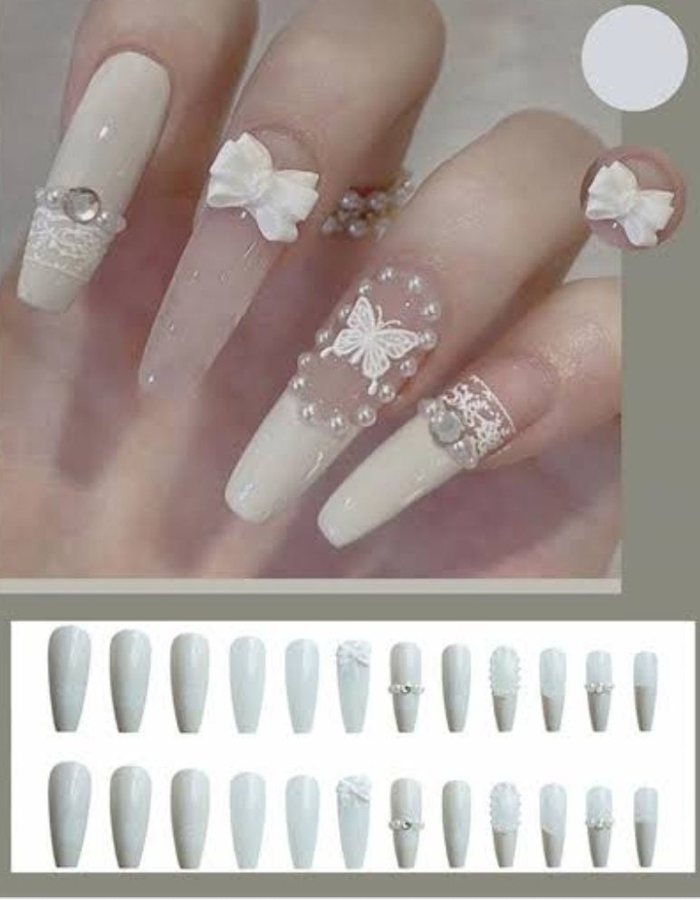 24 Off White wedding Long Press on nails glue on bow lace gems clear coffin