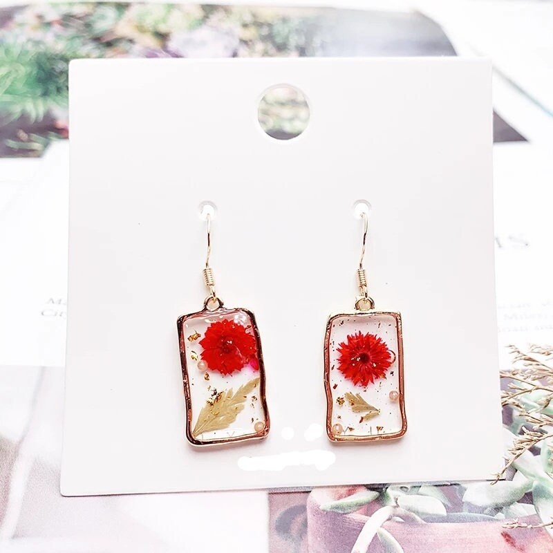 Real Dried Pressed Flower Earrings Dangle clear glass resin cottage core rose gold heart tear circle Jewelry