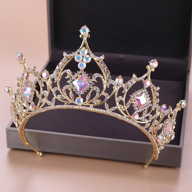 Tall Rose Gold Champagne Tiara Crown Detailed Holographic Princess Queen headdress jewelry 