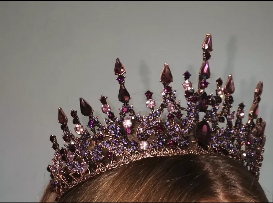 Vintage Baroque Tiara Dark Purple Crown Goth Evil Queen tall diadem headress jewelry bridal Halloween cosplay Wedding pageant royalty