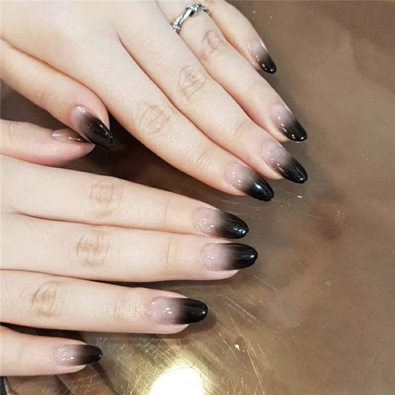 24 pcs Black Ombre Long Press on nails kit glue on edgy goth clear glass detail