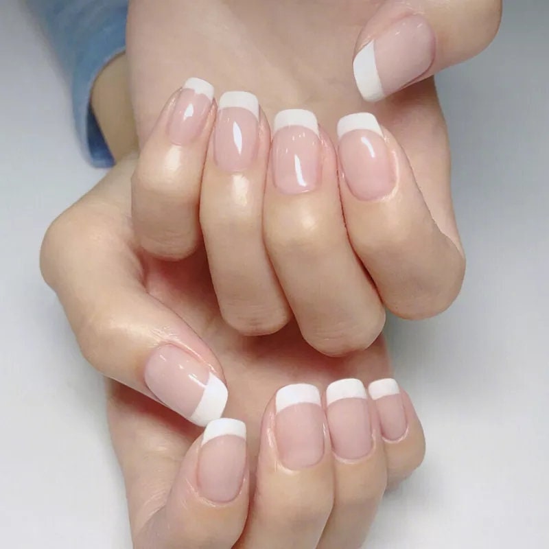 24 French mani White tip Short Press on nails glue on natural classic clean square pink nude