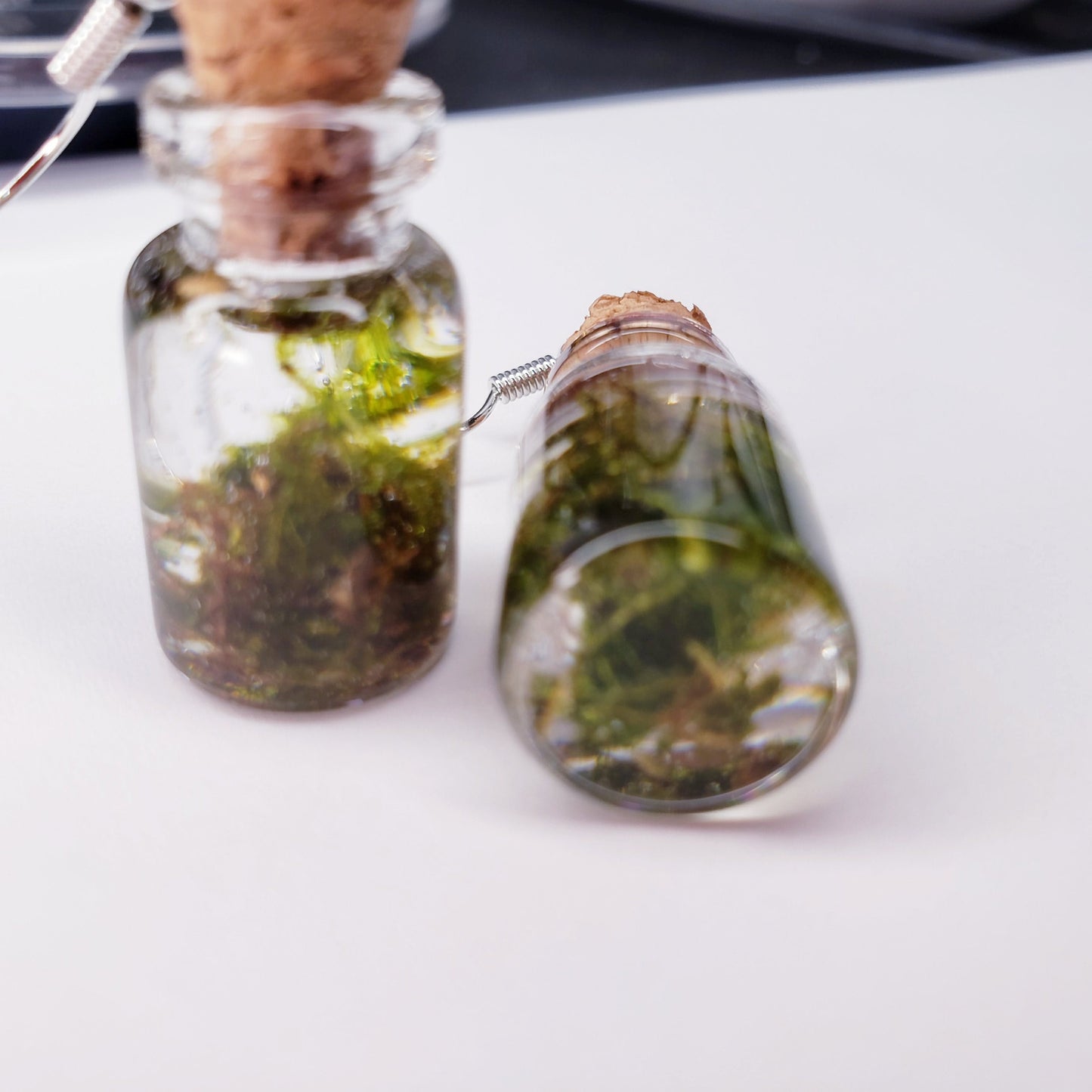 Moss in a Jar Earrings Resin Preserved Dangle hook cottage core nature natural green cork clear with fasteners Jewelry