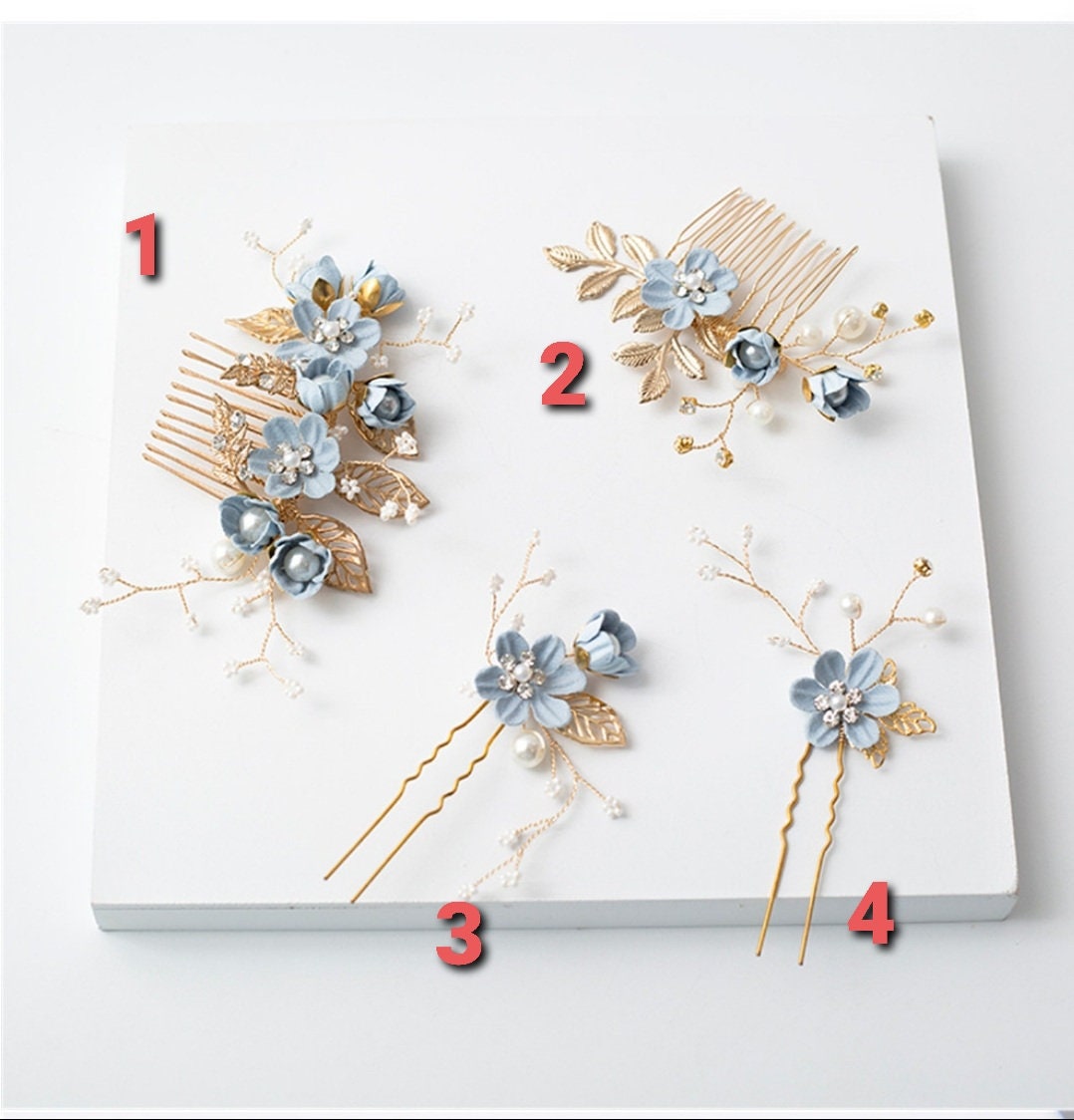 Bridal Hair Pins Floral Rose soft petal flower pastel pink blue lavendar white pearl barret wedding formal gold