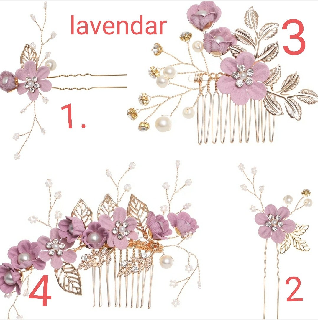 Bridal Hair Pins Floral Rose soft petal flower pastel pink blue lavendar white pearl barret wedding formal gold