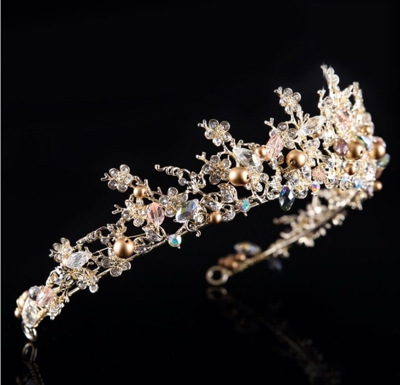 Gold Tiara Crown Detailed Princess Queen headdress bridal cosplay diadem 