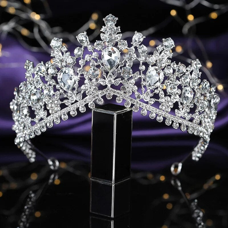 Silver Tiara Crown Detailed Real metal crystal Queen headress jewelry bridal Halloween cosplay diadem pearl pageant royalty