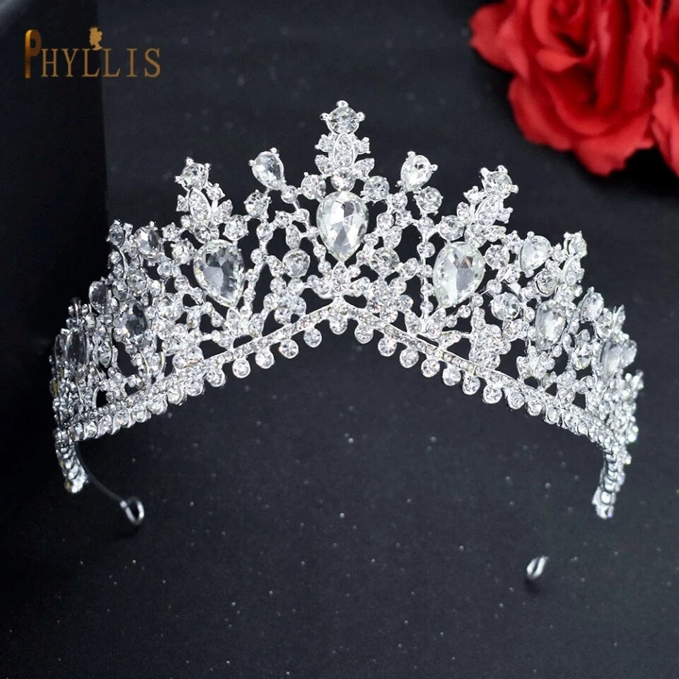 Silver Tiara Crown Detailed Real metal crystal Queen headress jewelry bridal Halloween cosplay diadem pearl pageant royalty