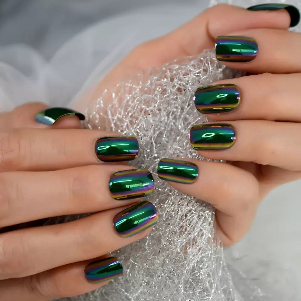 24 Oil Slick Chrome Press on nails short Purple Green glue on mirror shiny metallic gray dark holographic goth edgy
