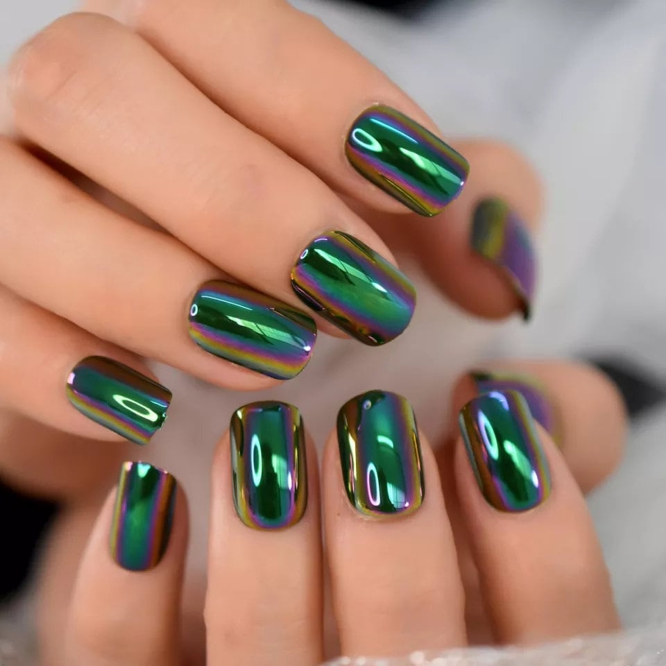 24 Oil Slick Chrome short Press on nails Purple Green glue on mirror shiny metallic gray dark holographic goth edgy