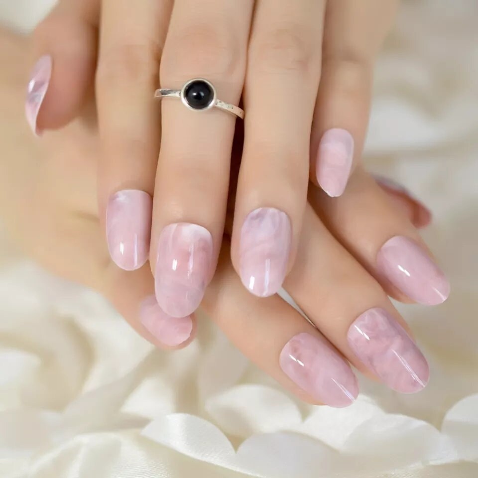 24 Rose Quartz medium Press On Nails kit glue on pink art marble round oval almond short