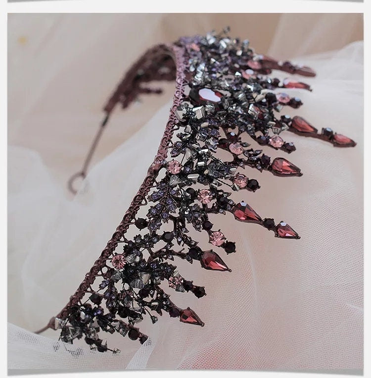 Vintage Baroque Tiara Dark Purple Crown Goth Evil Queen tall diadem headress jewelry bridal Halloween cosplay Wedding pageant royalty