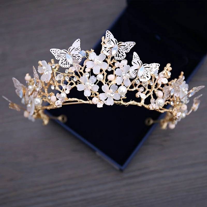 Butterfly Crown Detailed Tiara Princess Queen headress jewelry bridal Halloween cosplay diadem Wedding pageant royalty Gold pastel rose