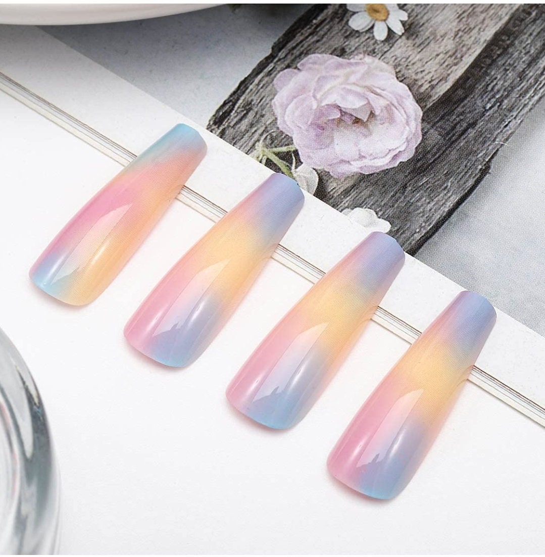24 Cotton Candy Ombre Press on nails glue on kit kawaii cute Multicolor pink blue orange yellow long coffin bright easter spring girly