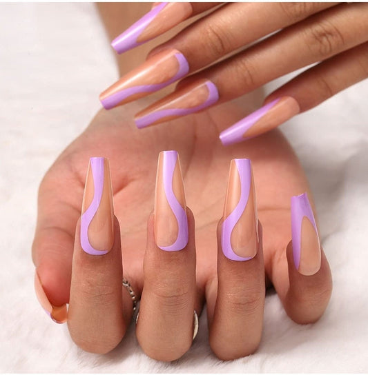 24 Nude Purple Swirl design Long Press on nails glue on Coffin Long extra manicure beige tan
